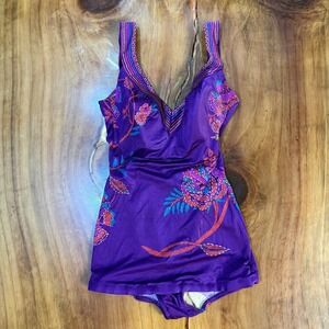 Vintage 60s 70s 1 Piece Swimsuit 10 Sirena Floral Boho Nylon Beach Bathing Suit